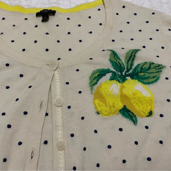 Talbots 1X Lemon Cream Cardigan with Navy Dots and Yellow Trim - Picture 2 of 4